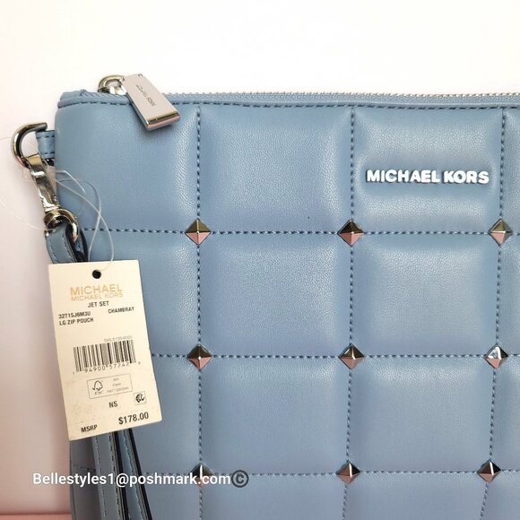 MICHAEL KORS Jet Set Soft Quilted Top-Zip Large Pouch with Wrist Strap-Chambray⭐ - Picture 15 of 16